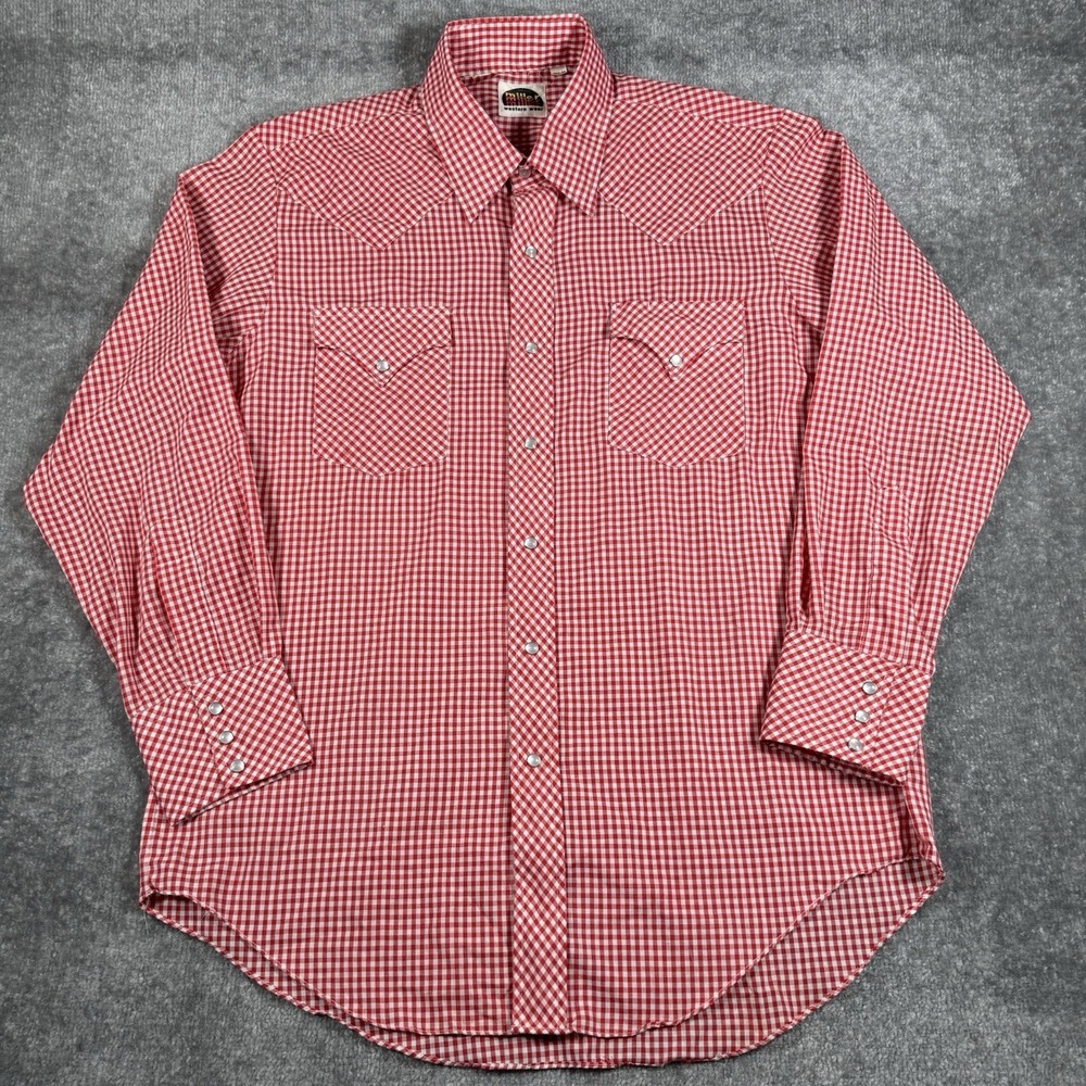Vintage Miller Western Wear Shirt Men's 16.5/34 Red Gingham Check Pearl Snap